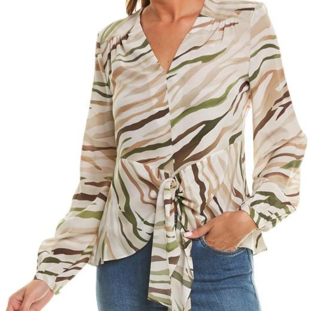 Elie Tahari Kali Long-sleeve Tie-front Silk Shirt - Medium - Tiger Print